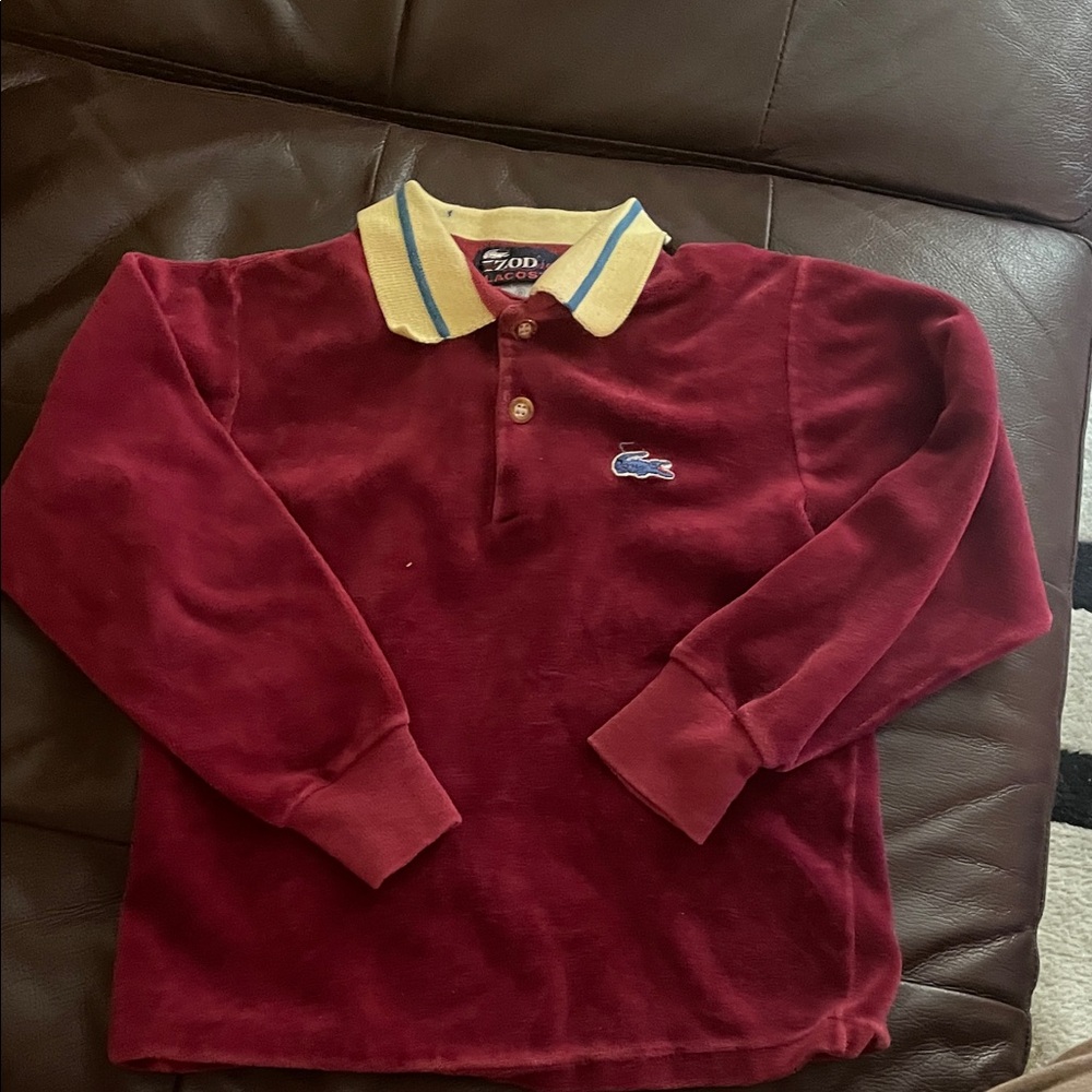 Lacoste Vintage Kids Burgundy Velour Long-Sleeve Polo with Contrast Collar